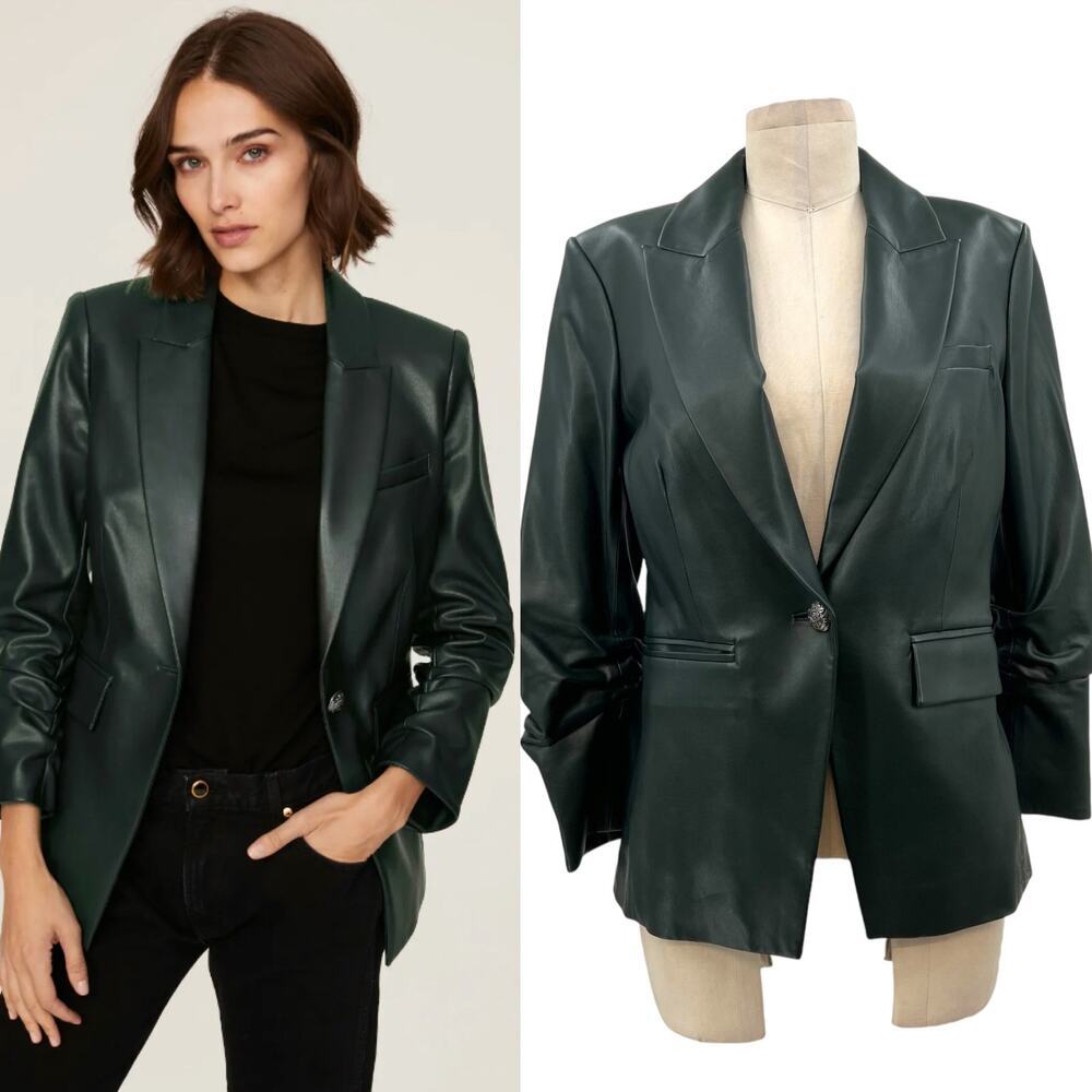 Veronica Beard Hollis Faux Leather Dickey Jacket Blazer Green Size 4 *Flawed